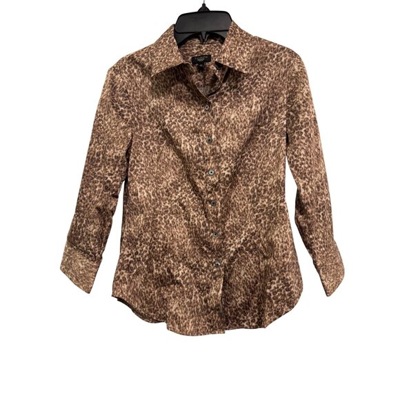 Talbots Petites Animal Print Button-Up Shirt Womens 2P Cotton Blend Brown Long S - Picture 1 of 5